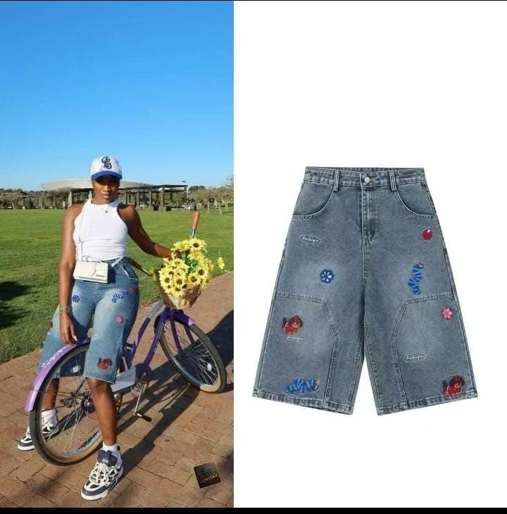 Women's Blue Denim Bermuda Shorts with Colourful Embroidery