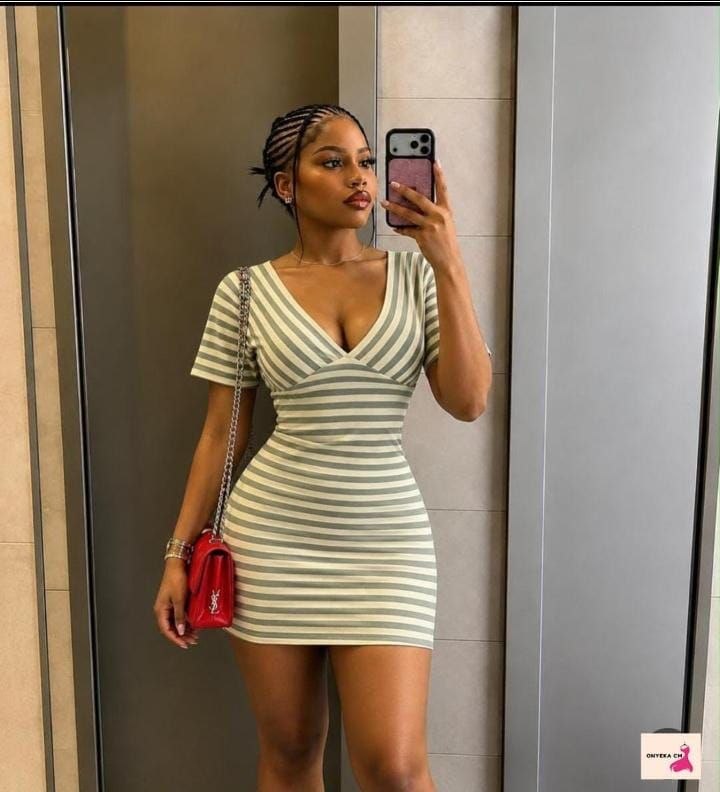 Women's Beige and White Striped Short Sleeve Bodycon Dress